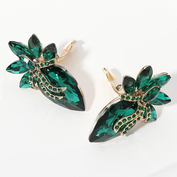Classy 2" clip on green stone flower button style earrings - Picture 3 of 4